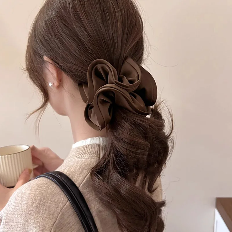 

Vintage Coffee Color French Fashion Satin Ruffle Elastic Scrunchie Hair Bands Woman Girls Ponytail Hair Ties Hair Accessories