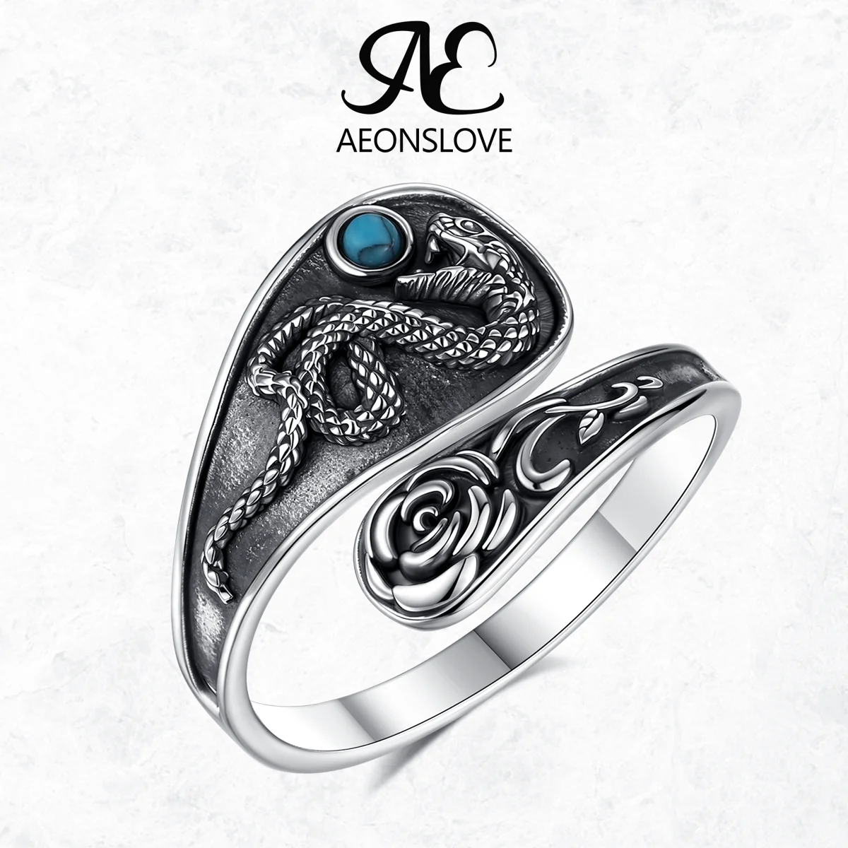 AEONSLOVE 925 Sterling Silver Vintage Snake Rose Turquoise Open Ring Spoon Adjustable Ring Witch Pagan Jewelry for Women Men