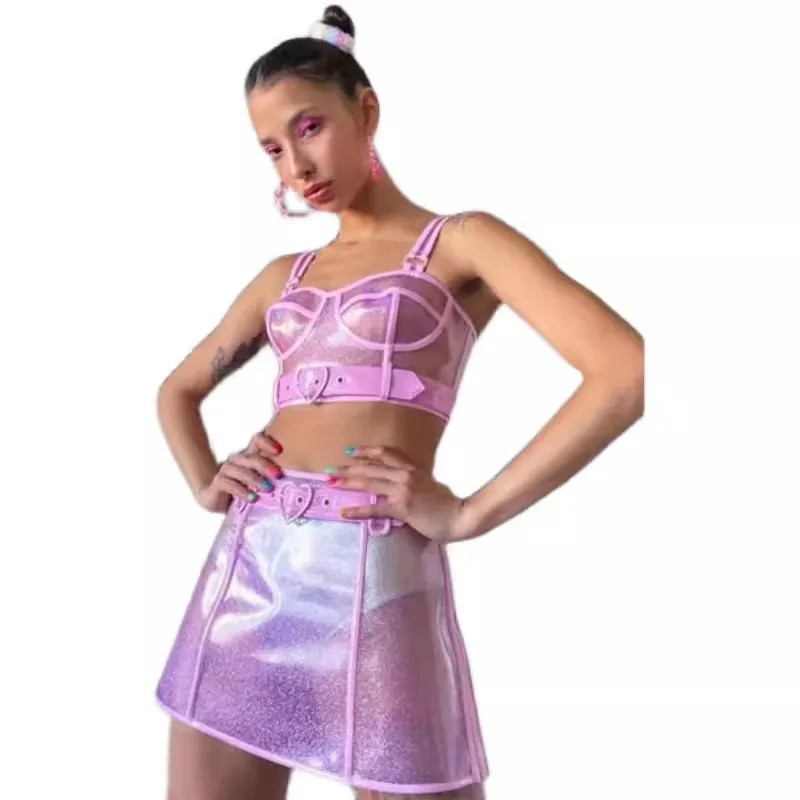 Girls Music Festival Laser Hologram Bra With Skirt Set Party Nightclub See Through  Sexy Costume Harajuku Holograhpic Outfits