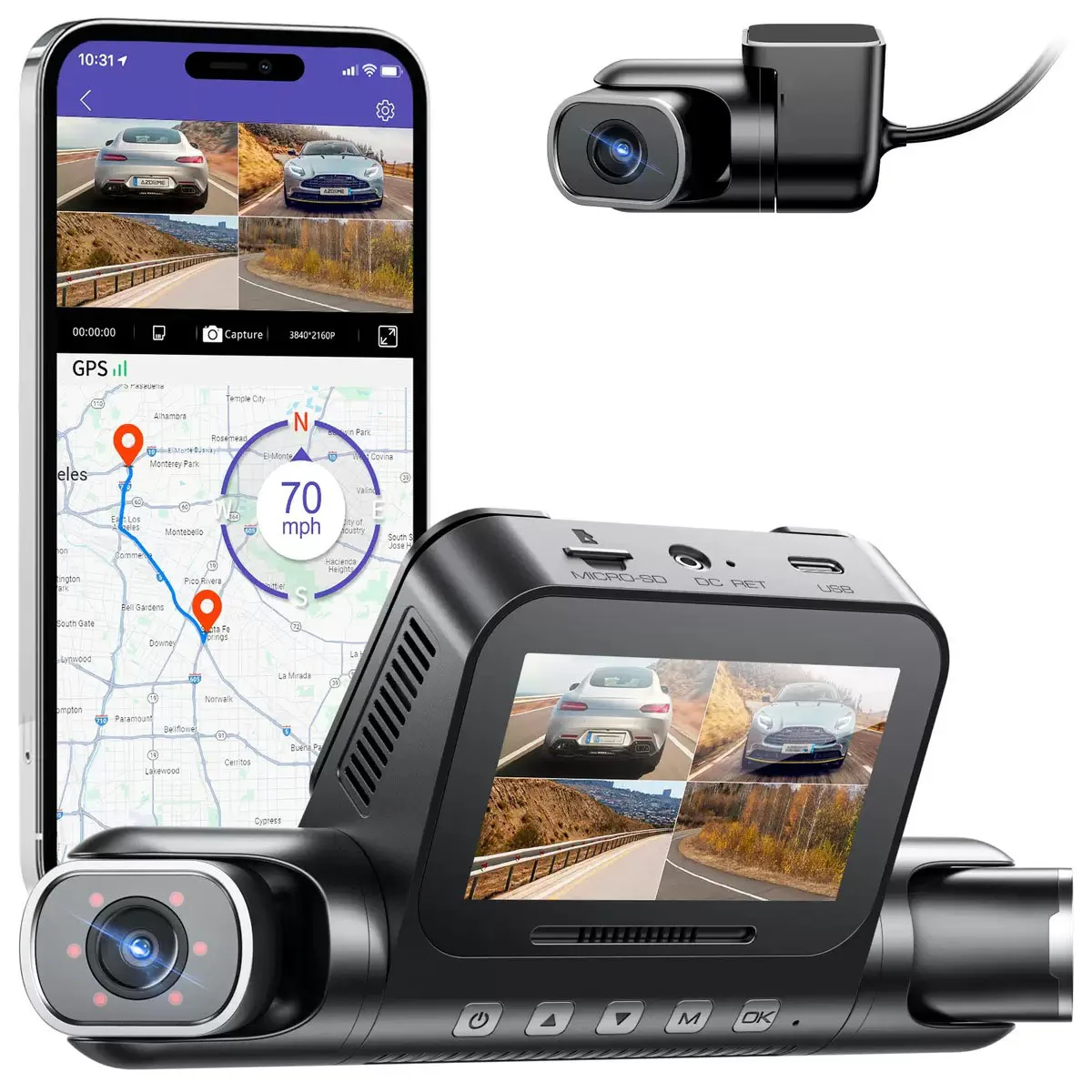 4 Channel 360 Degrees Dash Cam 2.5K+3*1080P HD Car DVR GPS 5G Wifi Built-in 128GB eMMC Voice Control 24h Parking Night Vision