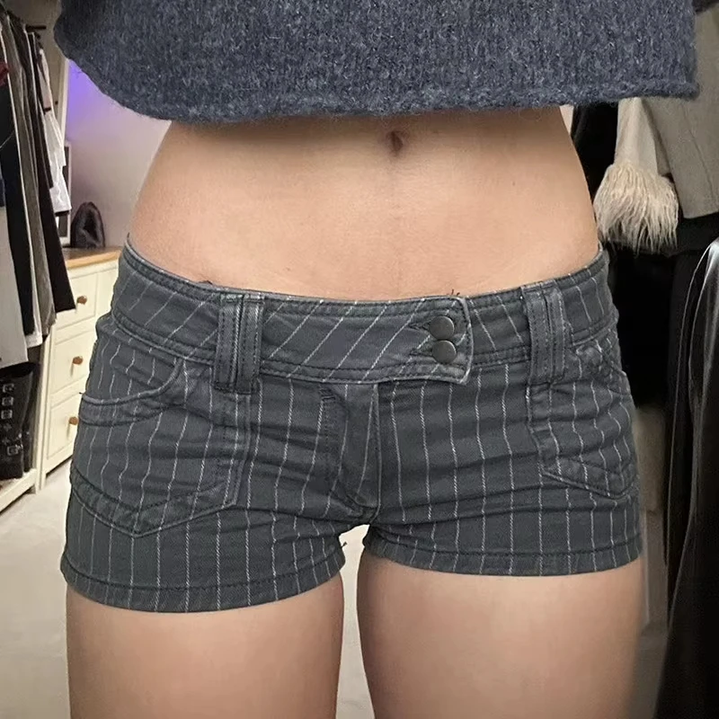 Harajuku Striped Buttons Micro Denim Shorts Women Summer Low Waist With Pockets Bottoms Hottie's Slimming Mini Pants