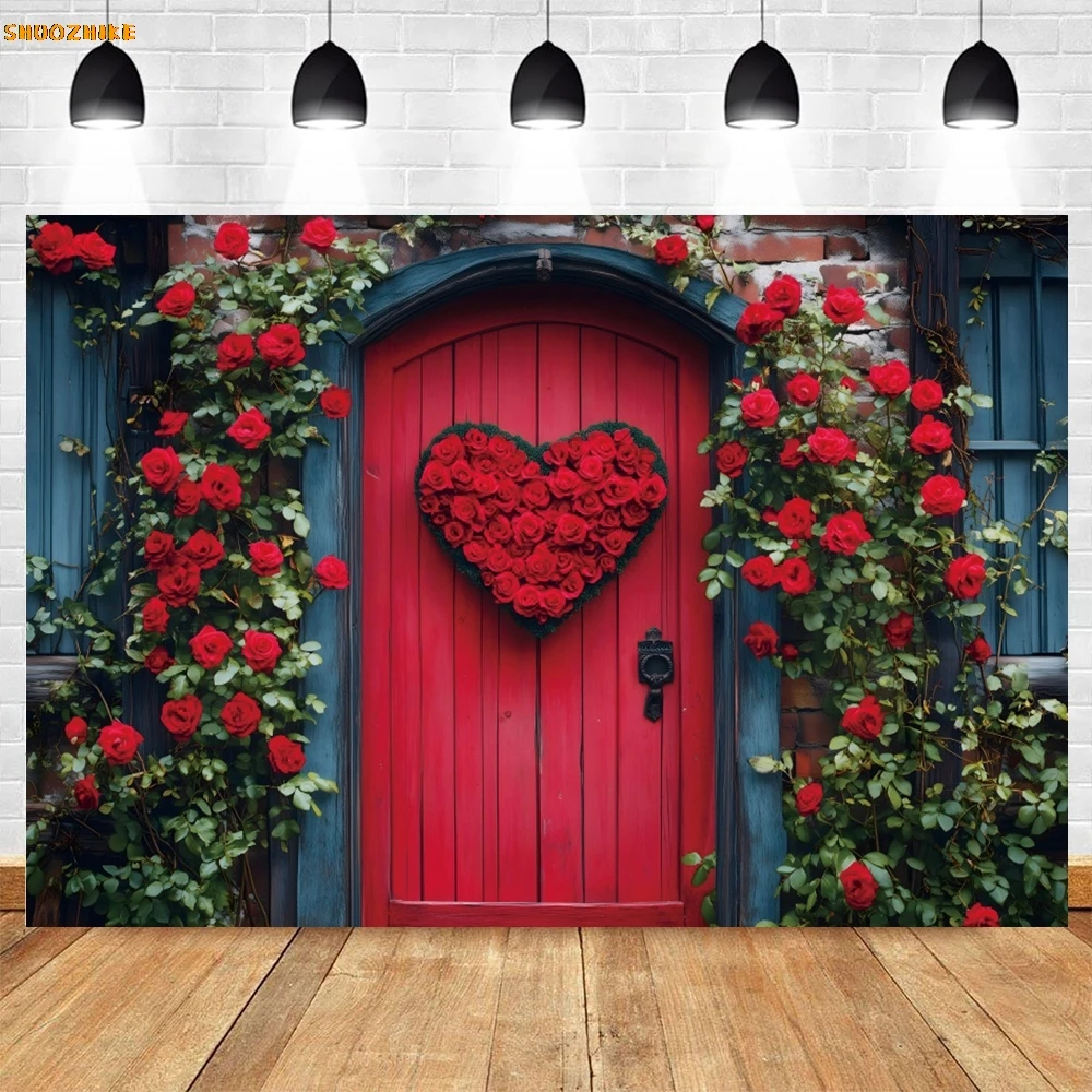 Fondo romántico del Día de San Valentín flor rojo amor corazón casa puerta de madera pareja retrato boda fiesta fotografía fondo