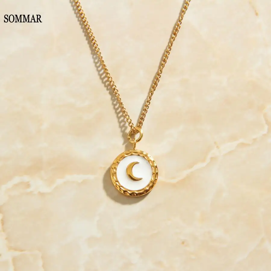 SOMMAR resin charms Gold Plated Female Friend pendant retro disc white moon pendant multi-layer necklaces prices in euros