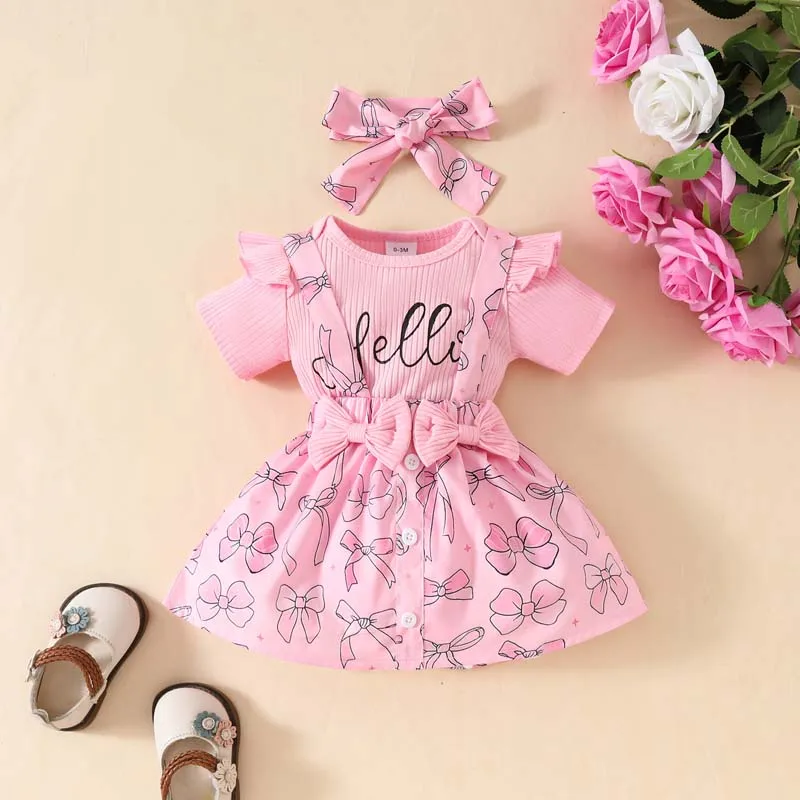 

Baby Clothing 0-18 Months Baby Girl 3PCS Set Infant Summer Pink Letter Print Bodysuit Printed Bow Halter Skirt Hairband Outfits