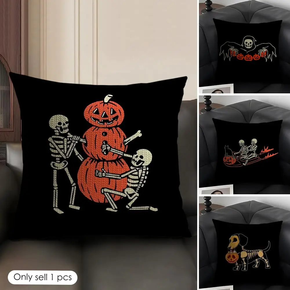 Halloween Pumpkin Skull Cushion Cover Breathable Linen Organic Fabric Double-Sided Printing Sofa Pillow Case Home Decor