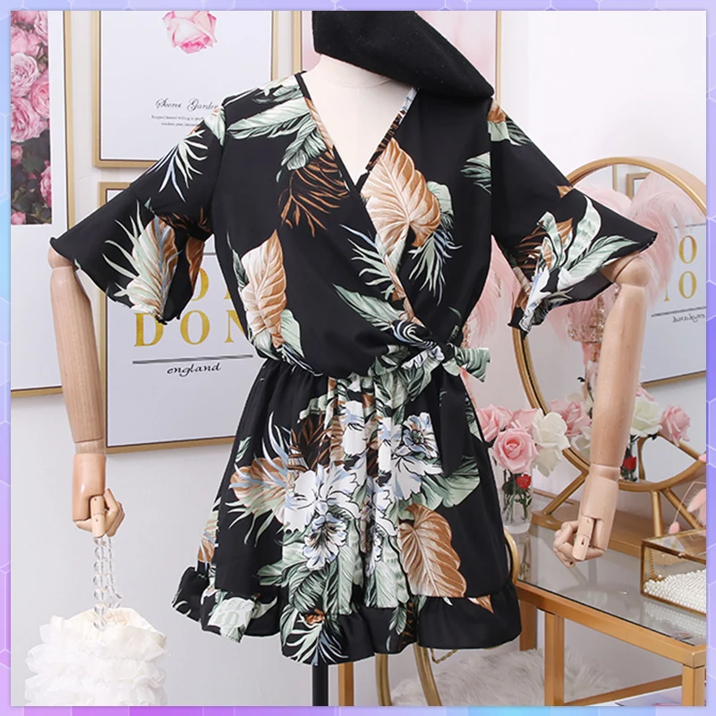 

Female Jumpsuit Shorts Floral Print Women Summer Boho Jumpsuits Casual Peplum Slim Fit Overalls Short Sleeve Sexy Outfit Overall