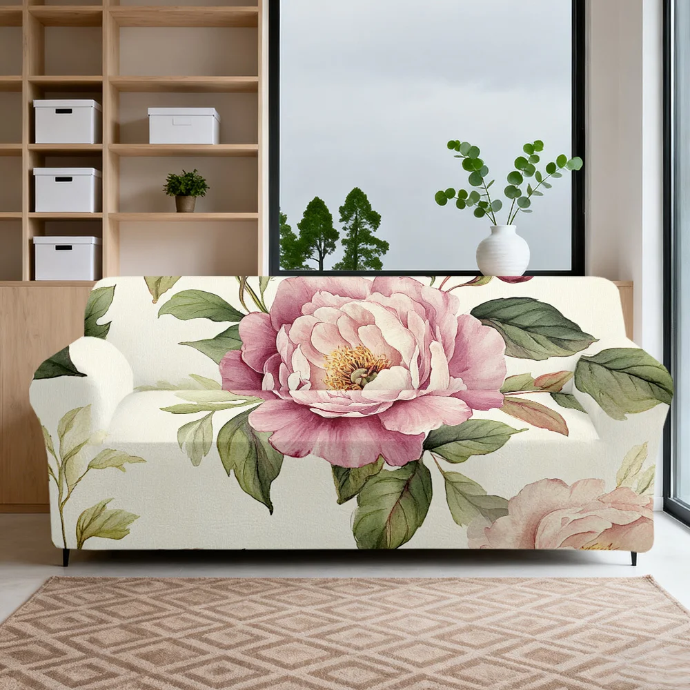 1pc Elegant Watercolor Peony Print Stretch Sofa Cover, Vintage Floral Couch Slipcover for Shabby Chic Home Decor