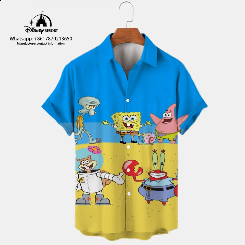 Camisa de manga curta de Bob Esponja masculina, top versátil, lapela, rua Harajuku, tendência casual na moda, verão, novo, 2024