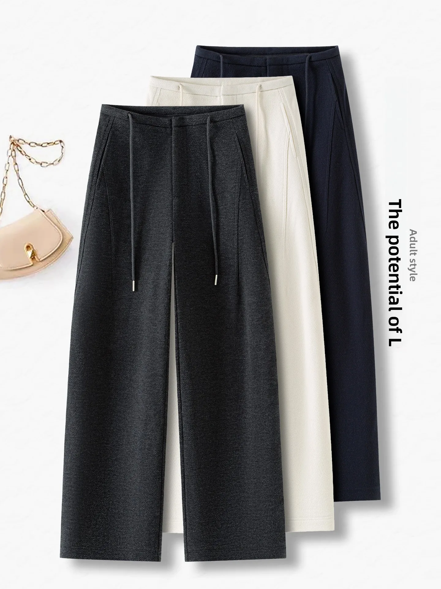 

High Waist Fleece Lined Casual Straight Leg Woolen Trousers for Women Autumn Winter New Style Wide Leg Knife Pants
