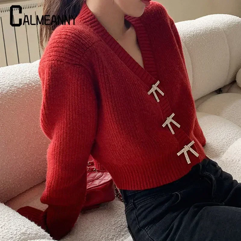 2023 Winter Korean Edition Simple Loose Slim Knitted Sweater Rhinestone Bow Buttons Cardigan Sweater Solid Color V-neck Sweater