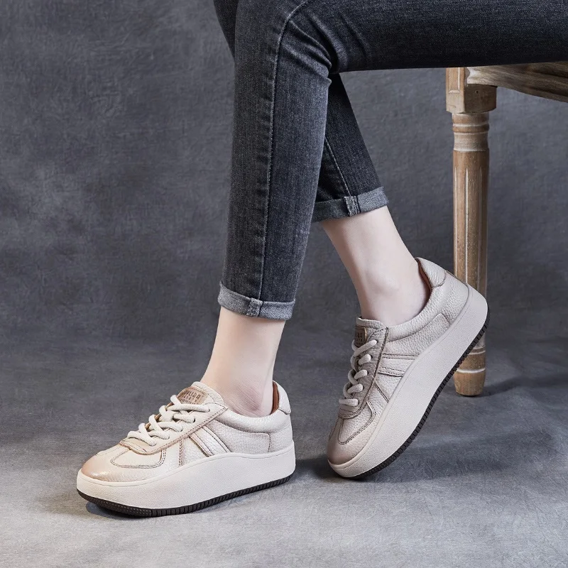 DRKANOL 2024 New Arrival Fashion Women Shoes Comfort Genuine Leather Lace-Up Casual Sneakers Women Low Top Flat Platform Shoes