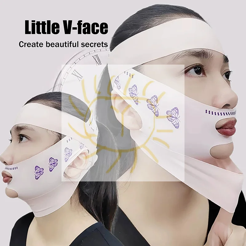 ソフトピンクのフルフェイス圧迫包帯ヘッドバンド、調節可能なストラップ付き、通気性があり、顔のリフトアップとサポートに最適、日常使いや睡眠に。