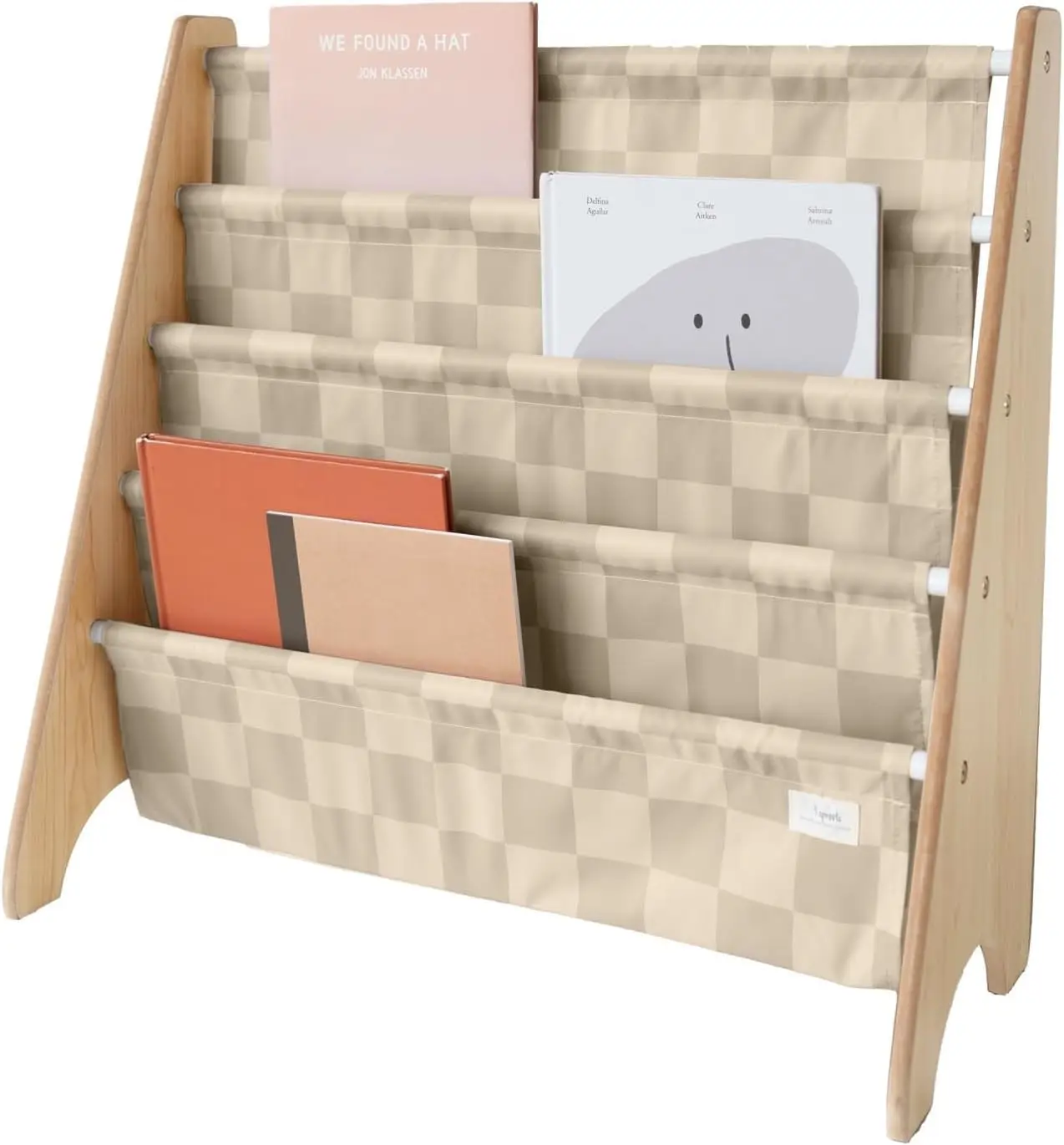 4-Tier Recycled Fabric Kids Bookshelf - Sling Book Rack Organizer for Toddlers Age 3+ - Checkered Beige
