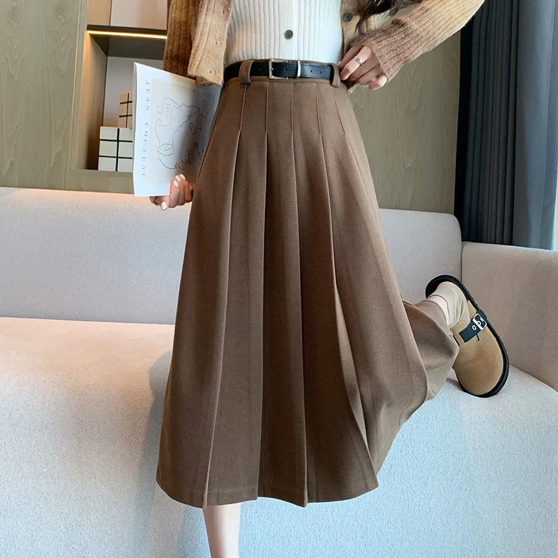 

(Delivery Belt) Women's Autumn Winter Style Half Dress Thick High Waisted Slimming Wool Pleated Skirt Plus Size Mid Length Dress