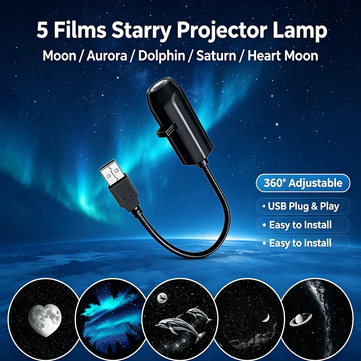 Led Projector Light 5pcs Projection Patterns- Planet Aurora Moon Dolphin Starfish Night Light Atmosphere Mood Light Room Decor