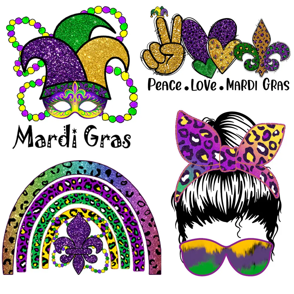 Mardi Gras Carnival Iron-On Transfer For Clothing Patches Mardi Gras Party DIY Washable T-Shirts Thermo Sticker Appliques