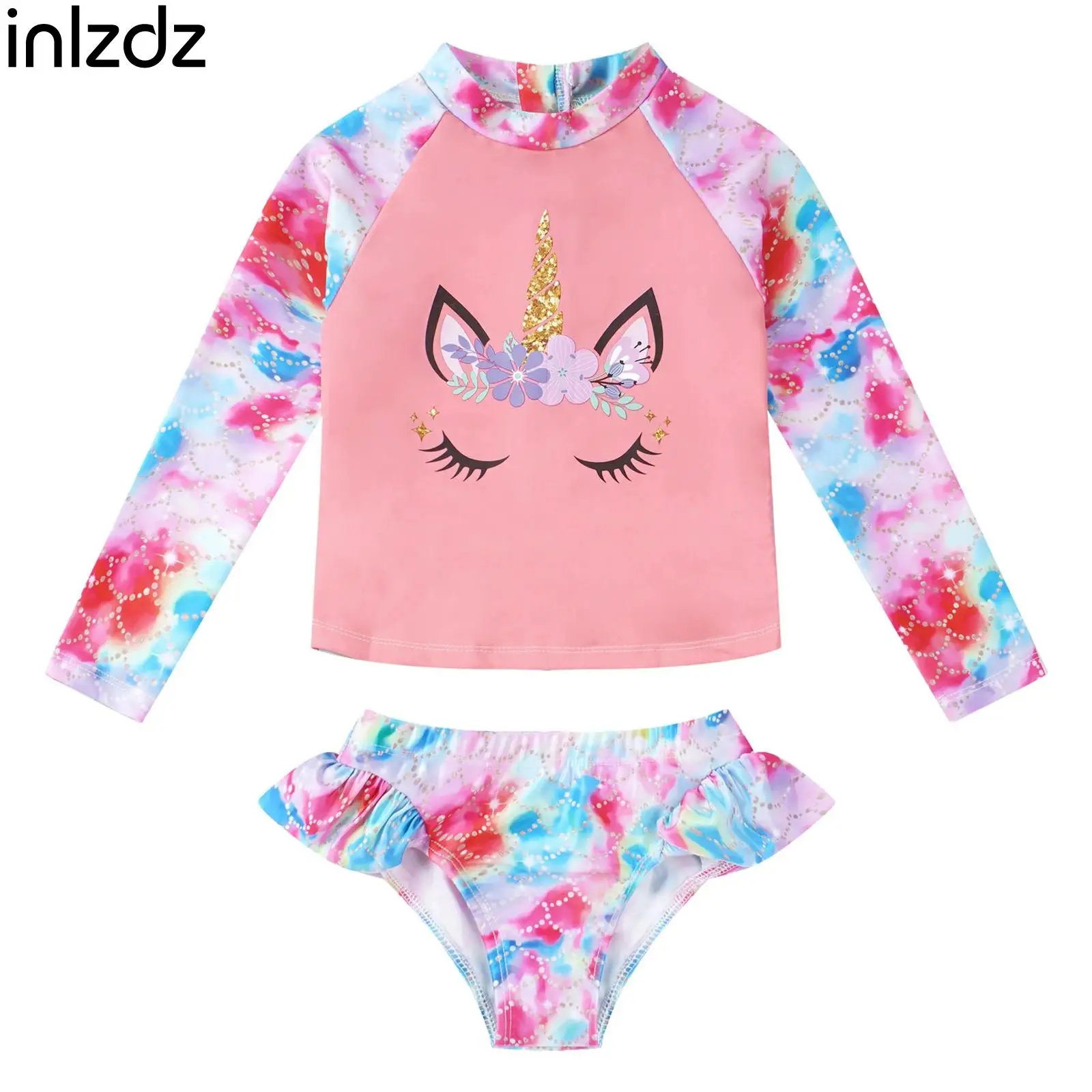 

2Pcs Kids Girls Summer Swimming Suit Clothing Round Neck Long Sleeves Cartoon Horse Print Tops and Briefs Set for Beach Swimwear