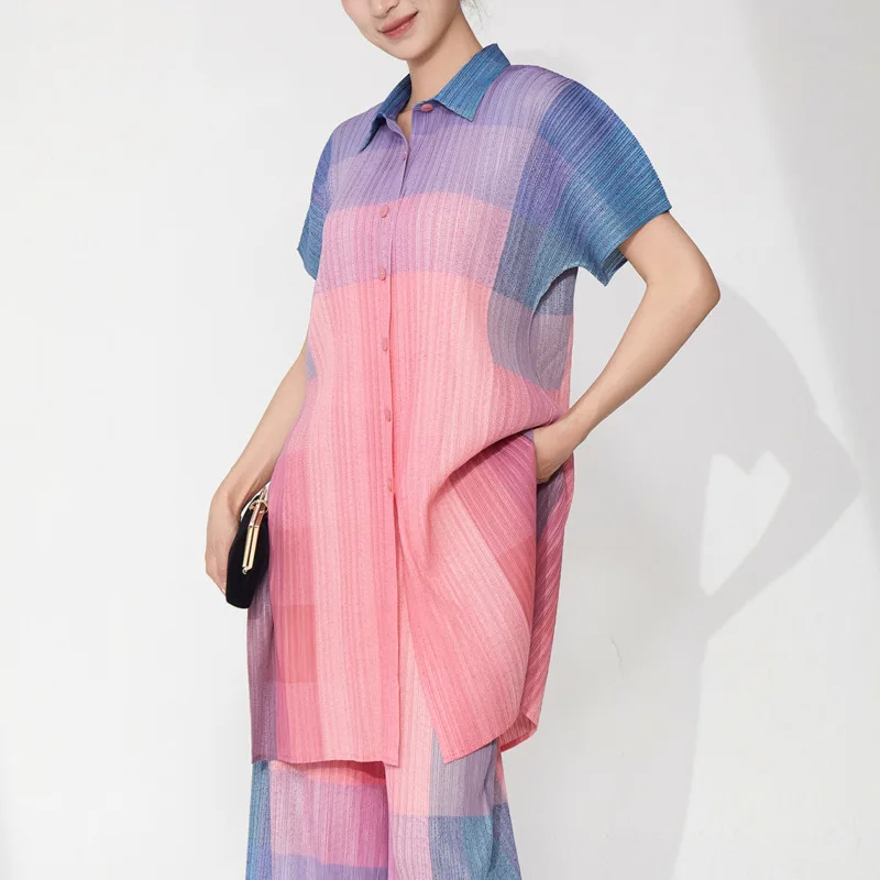 YFPF Druck Miyake Plissee Design Hemd Für Frauen Mode Revers Kurzarm Taste Mittlere Länge Bluse 2025, Neue Kleidung 3A366