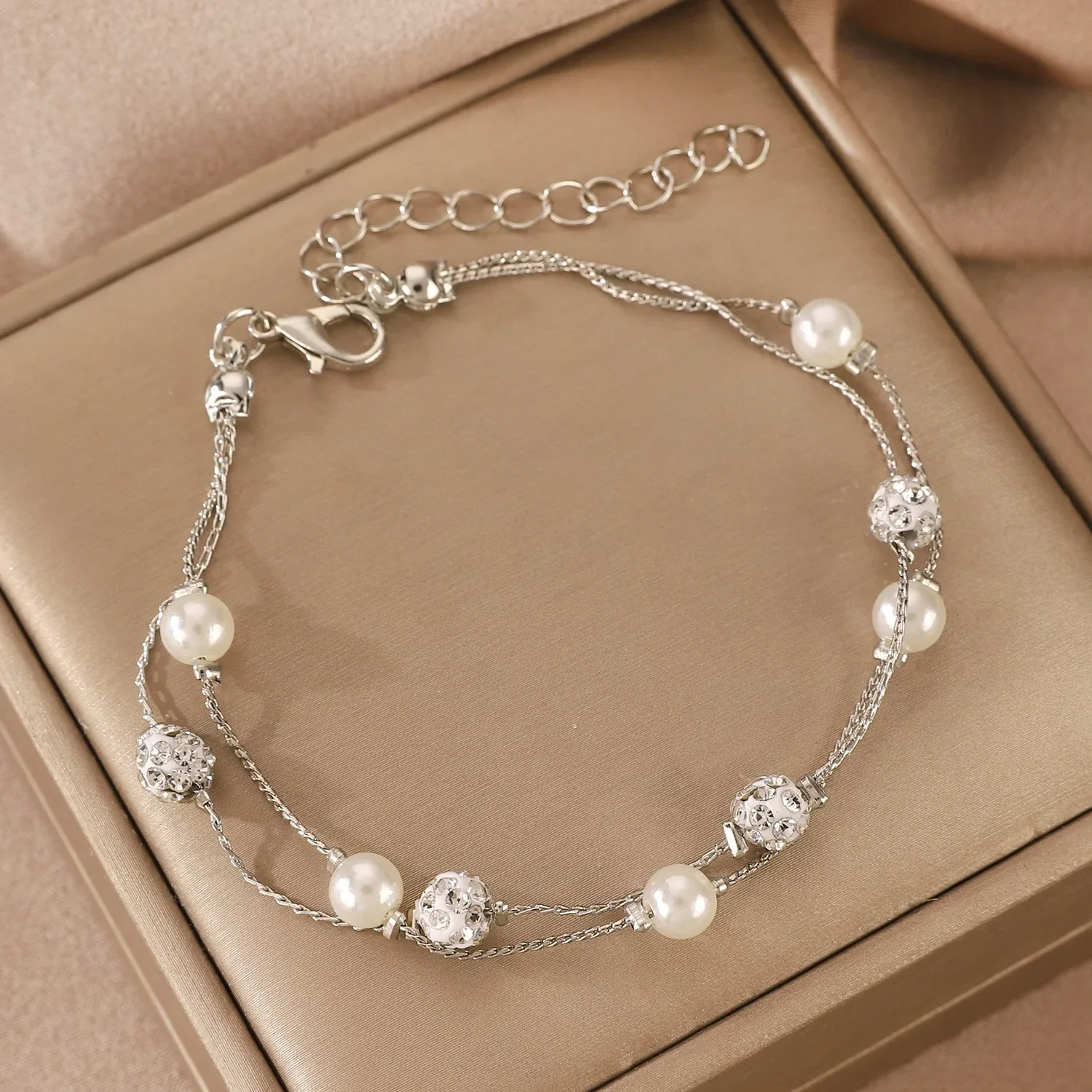 

New 925 Sterling Silver Sparking Zircon Bracelets For Women Fashion Korean Double Layer Pearl Bead Bracelet Party Jewelry Gifts