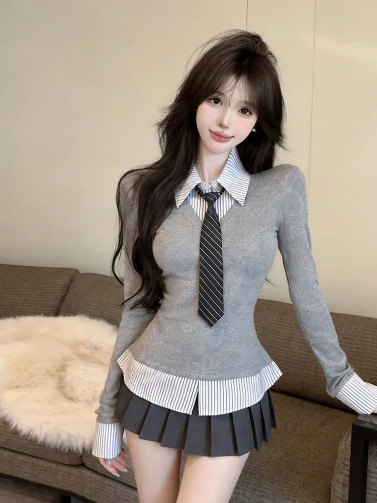 Fashionable Long Sleeve T-Shirt with Tie College Style Striped Color Block Design Korean Version Anti-Aging Autumn Collection...