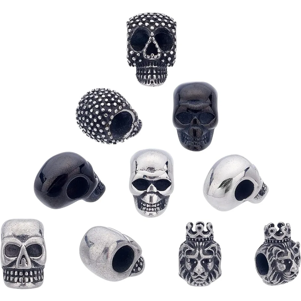 

10pcs Mixed Shape Skull Spacers - Stainless Steel 5-6mm Large Hole European Halloween Decoration for Jewelry Making