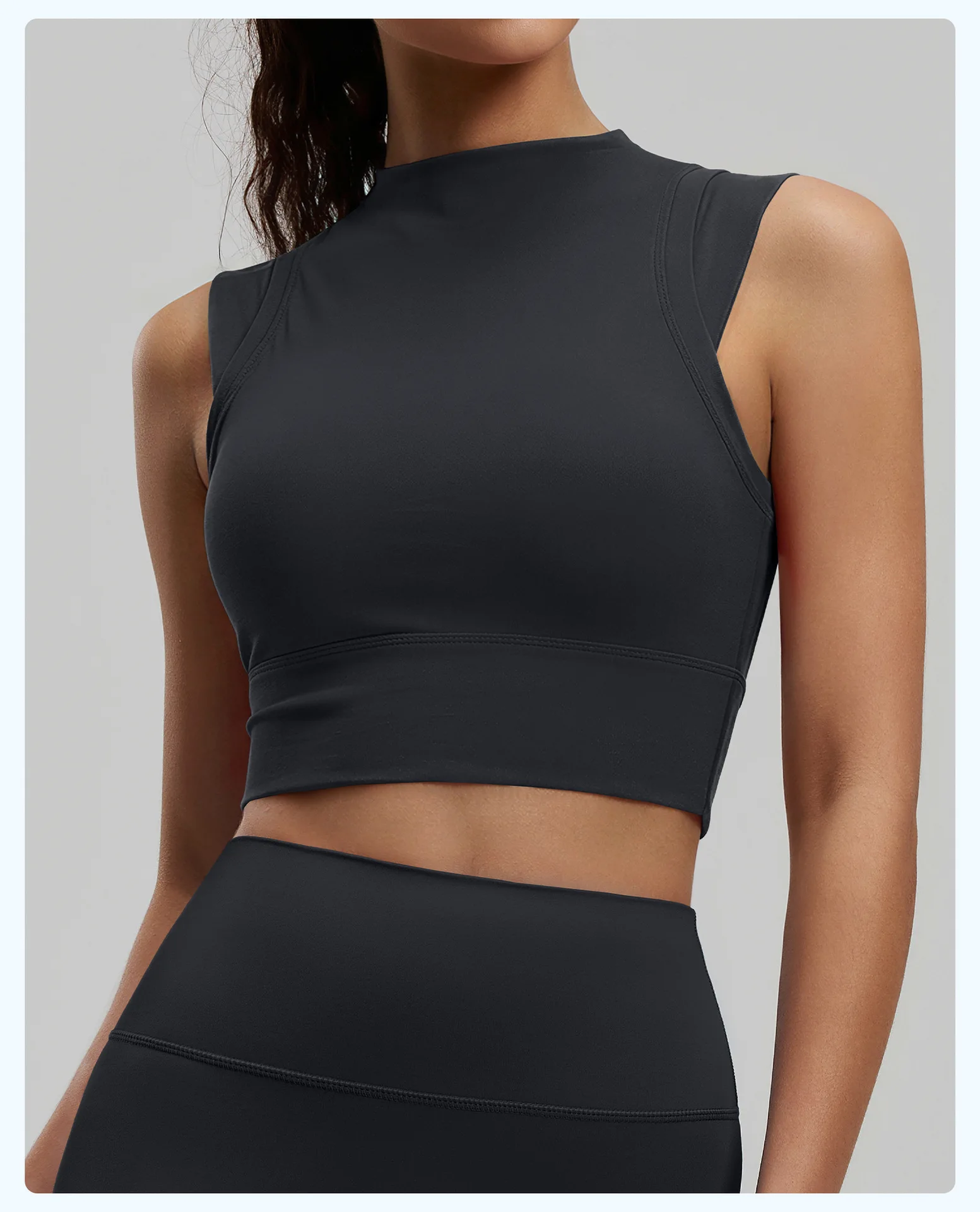Damen-Yoga-Tanktop, hochelastisch, sportlicher BH mit leicht hohem Ausschnitt und integrierten Cups, hebt und formt den Busen, sexy Fitness – Detail 19