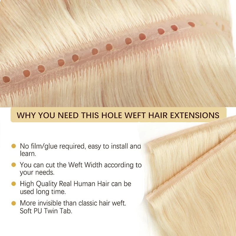 ツインタブ式見えないウェフト人毛エクステ　見えない穴フラットPUブロンド人毛　25cmロング　本物の人毛　接着剤不要　40-50g