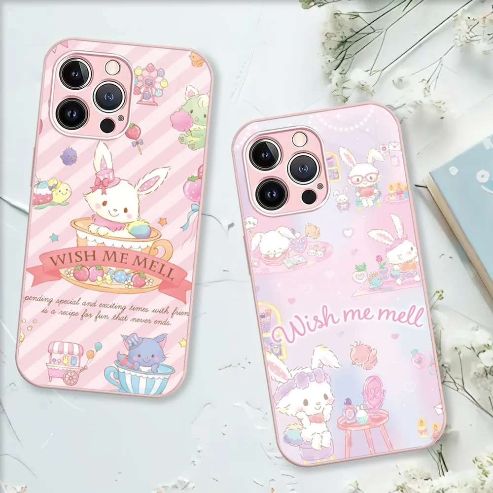 MINISO Sanrio Wish Me Mell Phone Case For iPhone 11 12 13 14 Mini Pro XS Max X S Plus XR Electroplated Painted Glass Shell