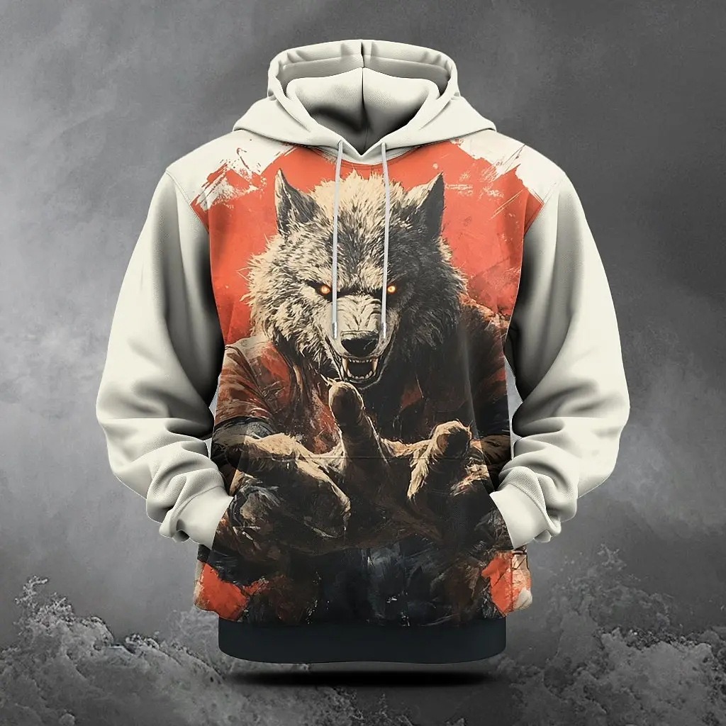 Funny 3D Wolf Pattern Men's Hoodies Halloween Pumpkin Print Sweatshirts Hip Hop Trend Hooded Shirt Y2k Clothes Autumn Loose Tops