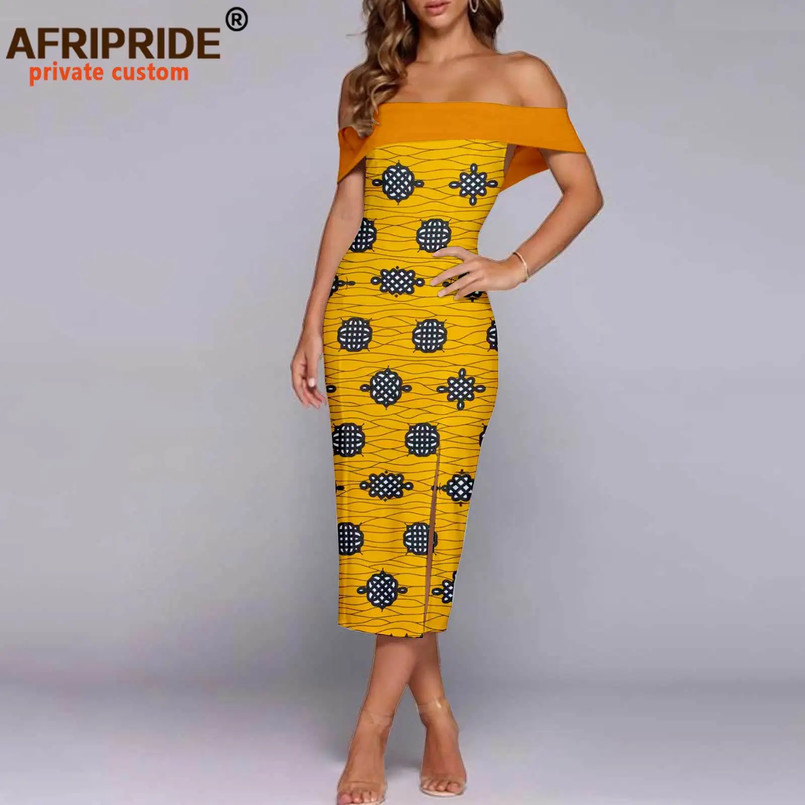 

African Print Dresses for Women Bodycon Dress High Waist Off Shoulder Slim Fit Pure Cotton Wax Batik Fashion Midi Dress A2025015