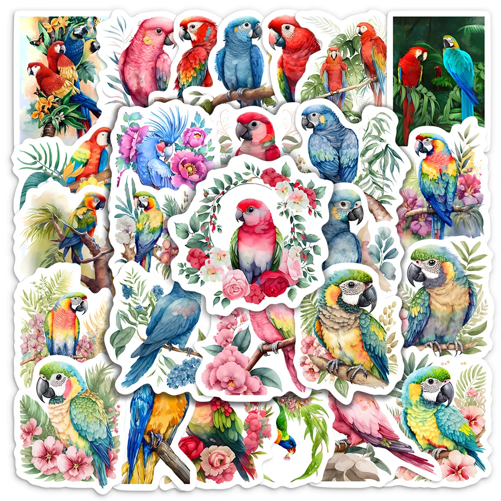 Watercolor Parrot Stickers Colorful Bird DIY for Laptop Skateboard Luggage Cup Bike Motorcycle Phone PVC Waterproof Child Toys