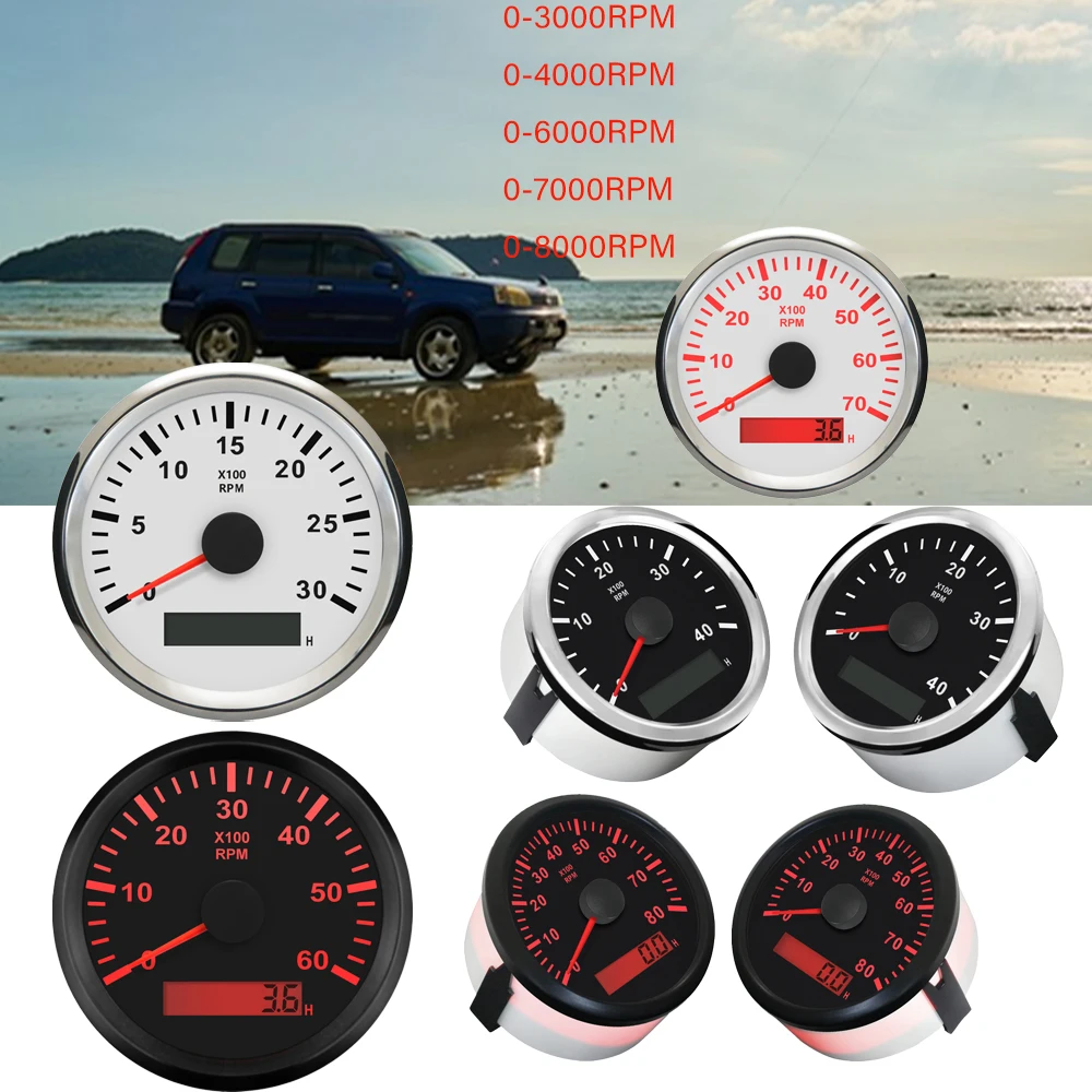 

RHAXEL Тахометр REV Счетчик оборотов с счетчиком часов 8000 об/мин 85 мм 12 В 24 В с красной подсветкой