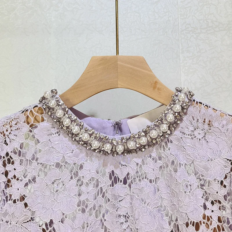 ฤดูใบไม้ผลิฤดูร้อนคุณภาพสูงหวานสีม่วงลูกปัดสั้นชุดแฟชั่นแขนสั้นลูกไม้ Openwork งานแต่งงานหรูหราภาษาฝรั่งเศสคําชุด