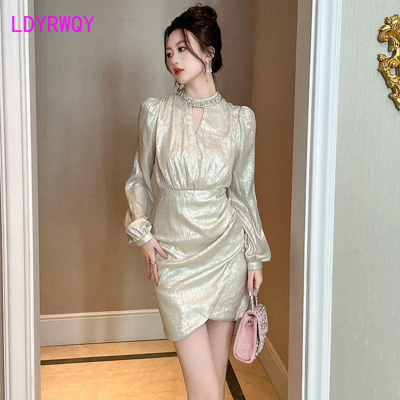 2024 Autumn and Winter New Women's Heavy Industry Diamond Inlaid Round Neck Hollow Waist Irregular Hip Wrapping Dress