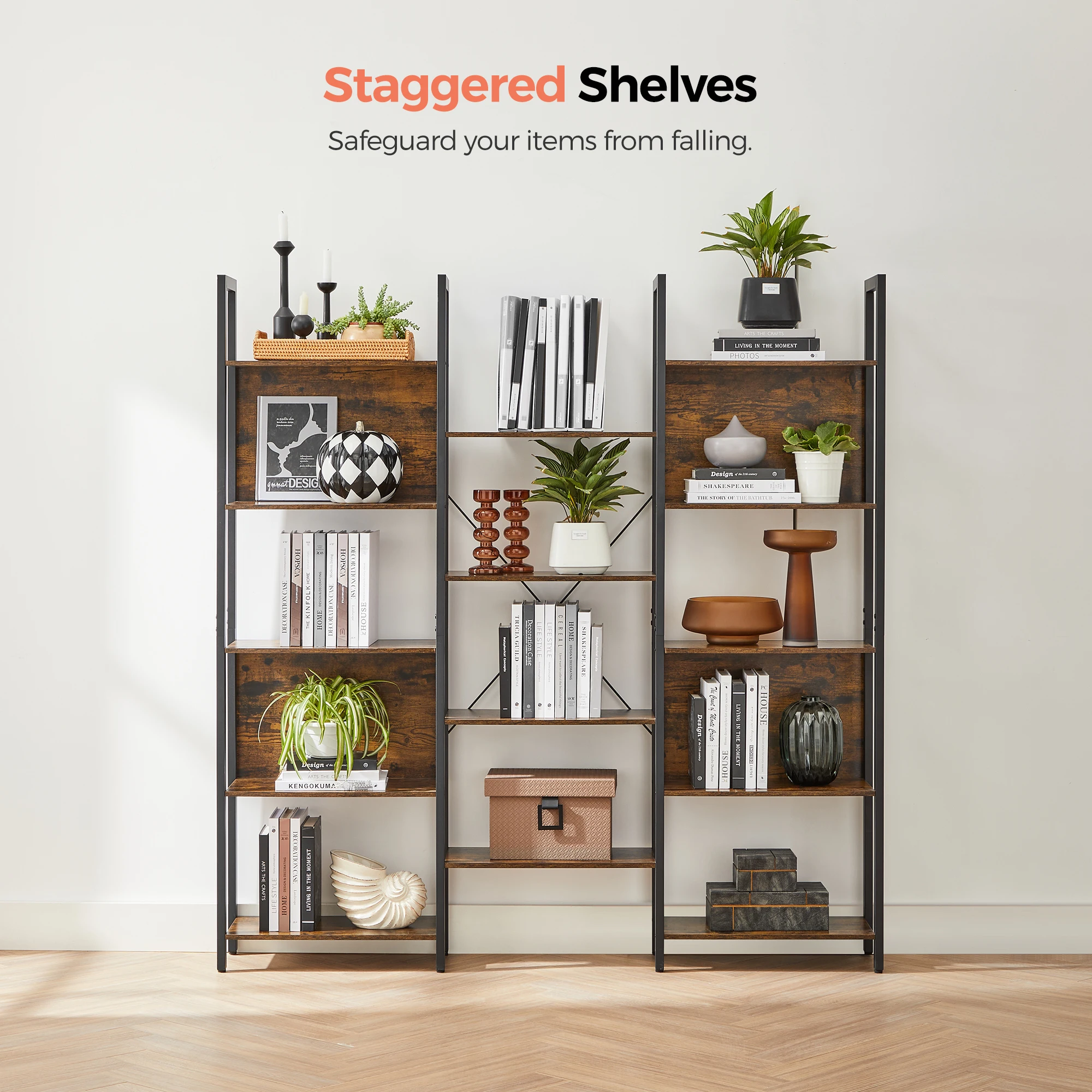 VASAGLE Bookcase, Bookshelf with 14 Shelves, Metal Frame, Shelf Unit for Living Room, Home Office, Industrial Style