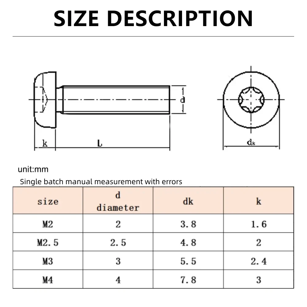 M2 M2.5 M3 M4 Six Lobe Torx Round Head Screw Grade 10.9 Black Torx Button Head Screws Length 4-20mm for Machinery Bolt 30-100pcs