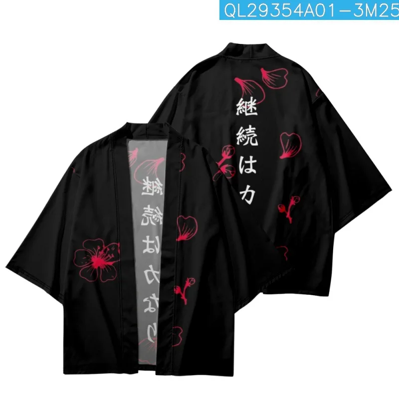 

Summer Traditional Couple Women Men Streetwear Japanese Flower Printed Black Kimono Beach Shorts Cardigan Yukata