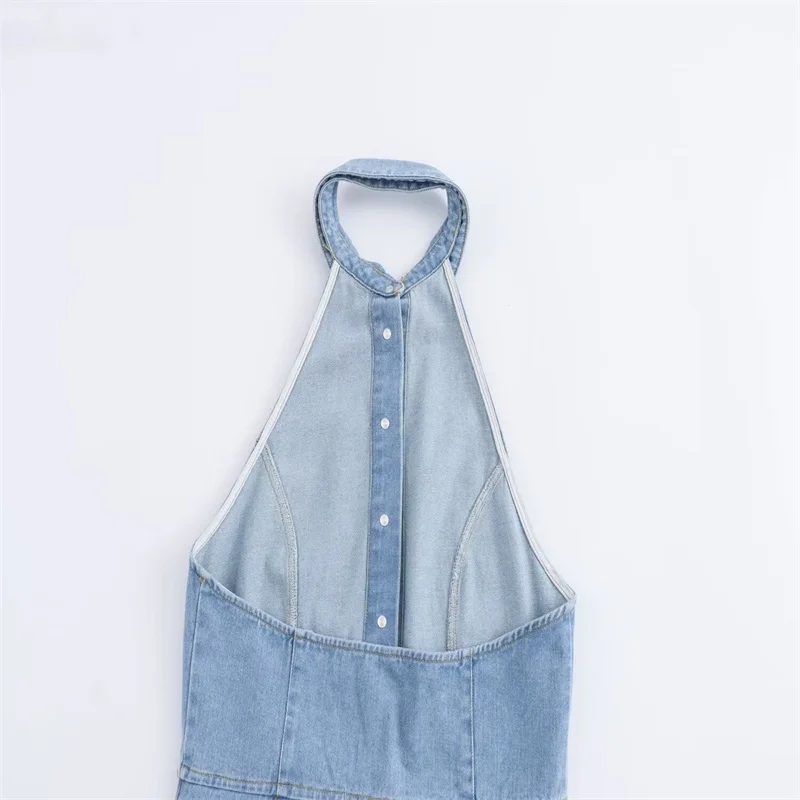 Summer Women's Hanging Neck Collar Denim Jumpsuit 2024 New Casual Fashion Retro Backless Sleeveless Denim Jumpsuit