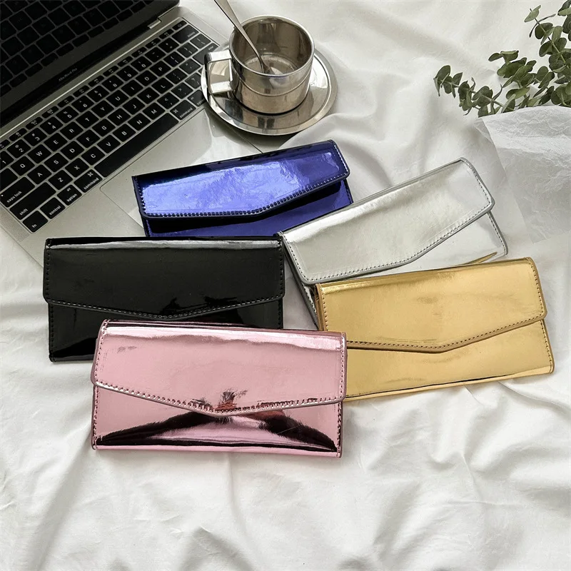 Luxurious Triple Flod Long Wallet Women Banquet bag Fashion Shiny PU Leather Multi-Slot Card Holder Females Messenger Cluth Bag