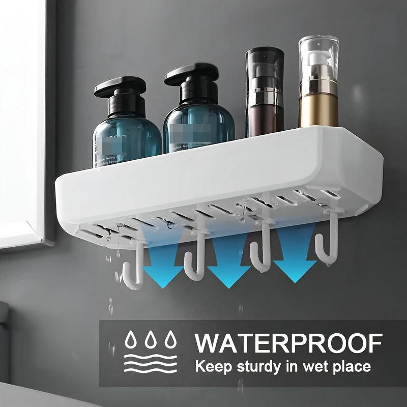 Waterproof Bathroom Organizer With , No-Drill Wall-Mounted  Rack, Plastic Shelf For Bathroom, Sturdy And Durable White Shelf Wit