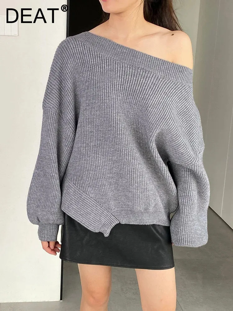 DEAT Fashion Slanted Collar Knitted Pullovers Women's Loose Off Shoulder Puff Sleeves Sweater Autumn Spring 2025 New 7AB6607