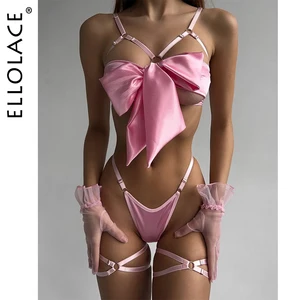 Ellolace/нижнее белье; Открытый бюстгальтер с бантом, сексуальное нижнее белье на шнуровке, атласный эротический наряд из 3 предметов для молодых девушек