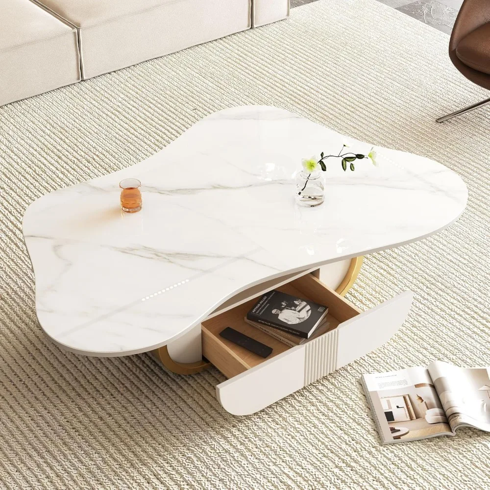 Modern Cloud Coffee Table Luxury Sintered Stone Top Coffee Table with Sculptural Geometric Stainless Steel Base