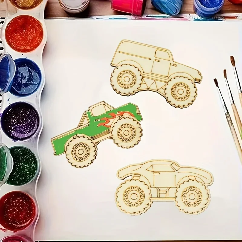 21pcs Unfinished Wood Monster Truck Cutouts Crafts Truck Party Favors Vehicles to Paint Wooden Truck Hanging Ornaments