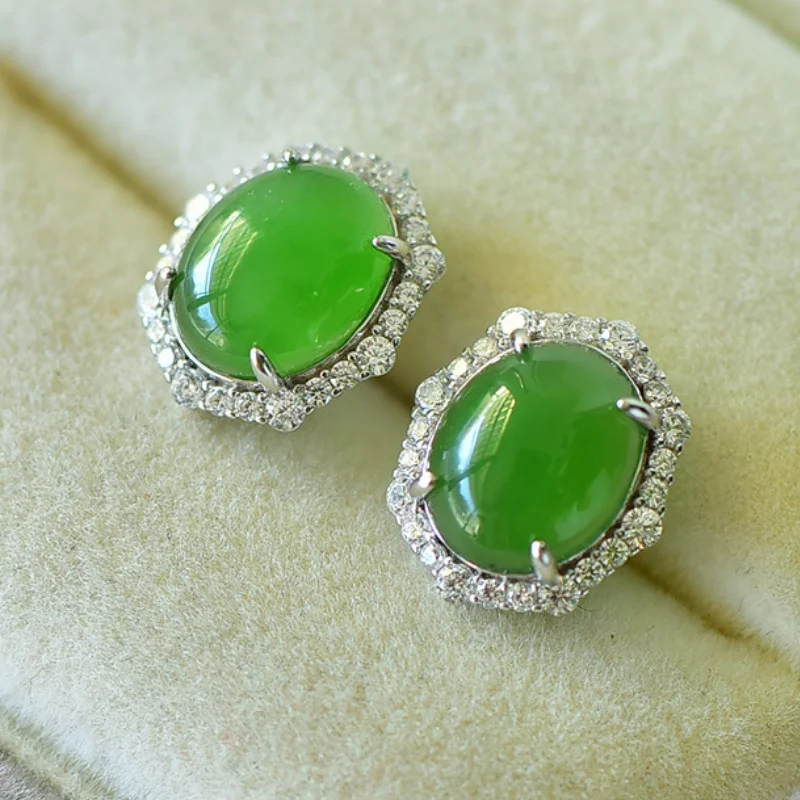 SGARIT Authentic Jadeite S925 Silver Inlay Hetian Jade 8*15mm Oval Stud Earrings Light Luxury Fine Texture Fashion Versatile