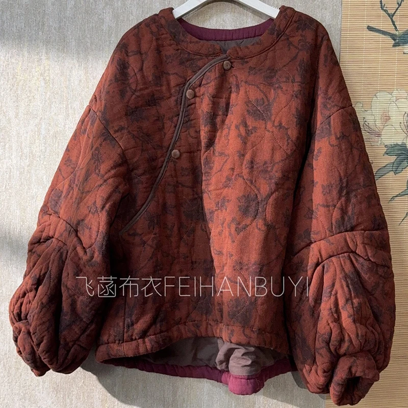 2025 New Arrival Autumn/winter Women Vintage Print Pullover Parkas O-neck Long Sleeves Cotton Casual Warm Thickened Coats F124