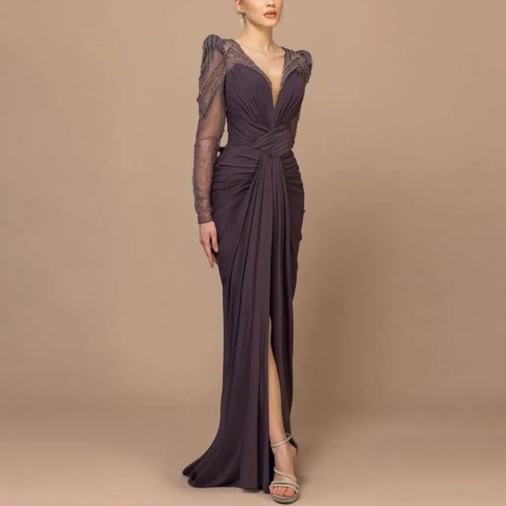 Maßgeschneiderte Abendkleider mit Perlenstickerei vorne und Schlitz, V-Ausschnitt, transparente Ärmel, Hochzeitsgast, formelles Kleid, Falten, Meerjungfrau, Vestidos de Soire