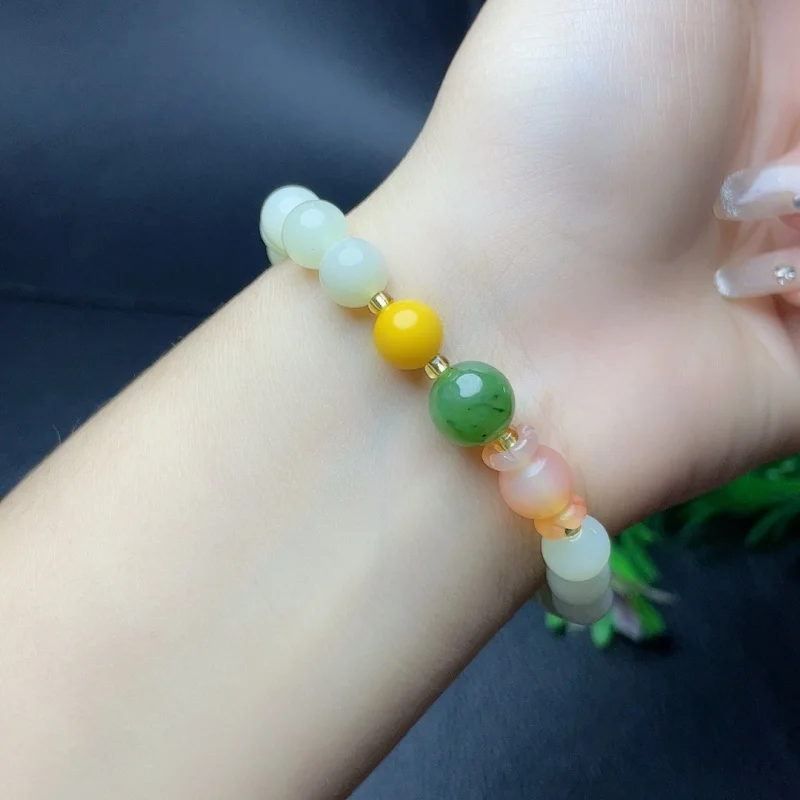 Xinjiang Natural Hetian Jade with Candy Single-Wrap Bracelet Simple Fashion Bracelet round Beads Girlfriends Same Style for Wome