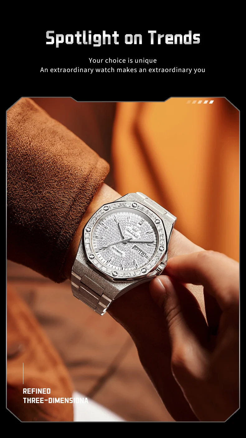 OLEVS 9803 Voll Diamantbesetzte Automatische Mechanische Uhren für Herren Luxus Edelstahl Wasserdicht Doppelkalender Business Herrenuhr – Detail 14