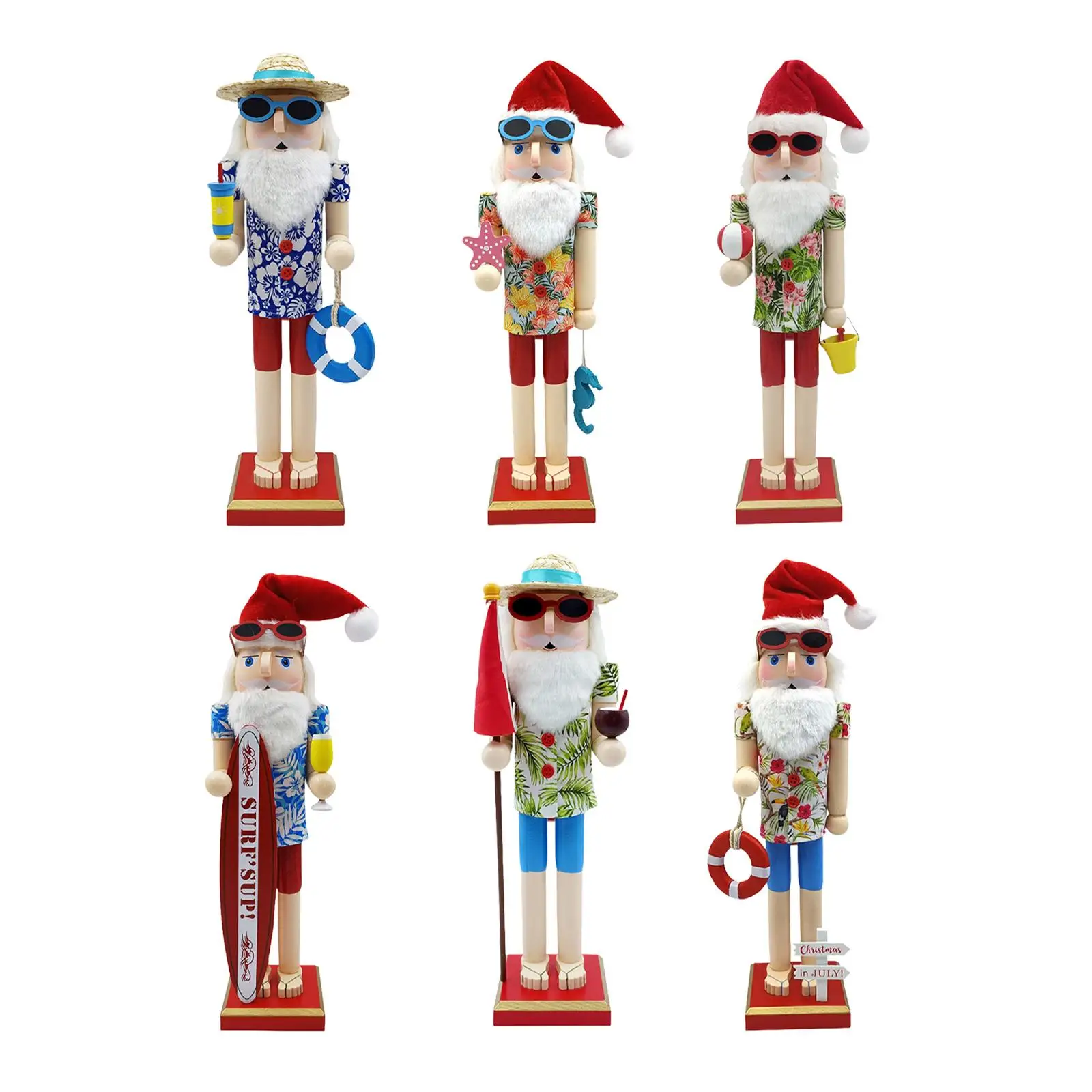 38cm Wooden Summer Santa Figurine Nutcracker Portable Christmas Decor Puppet Toy Desk Decoration for Holiday Gift Sturdy